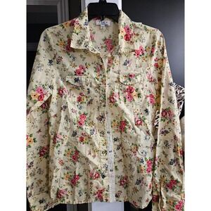 LEI Floral Rose Print Western Pearl Snap Button Down Shirt Yellow XL